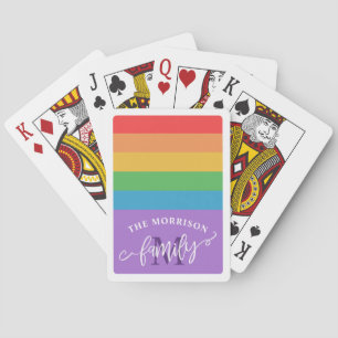 Rainbow Stripes Brush Script Family Monogram Playing Cards
