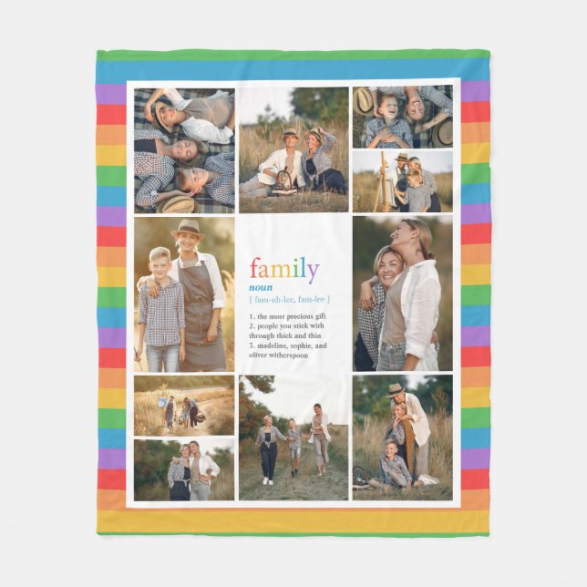 Rainbow Stripes Family Definition Photo Collage Fleece Blanket (Front)
