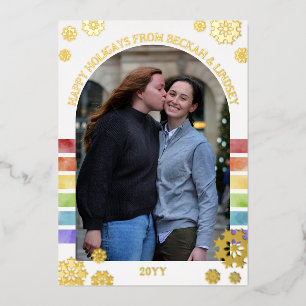 Rainbow Stripes Gold Snowflakes Happy Holigays Foil Holiday Card