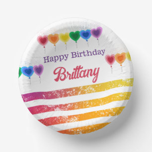 Rainbow Stripes Heart Balloons Name Year Birthday Paper Plate