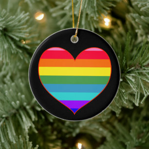 Rainbow Stripes Heart   Ceramic Ornament