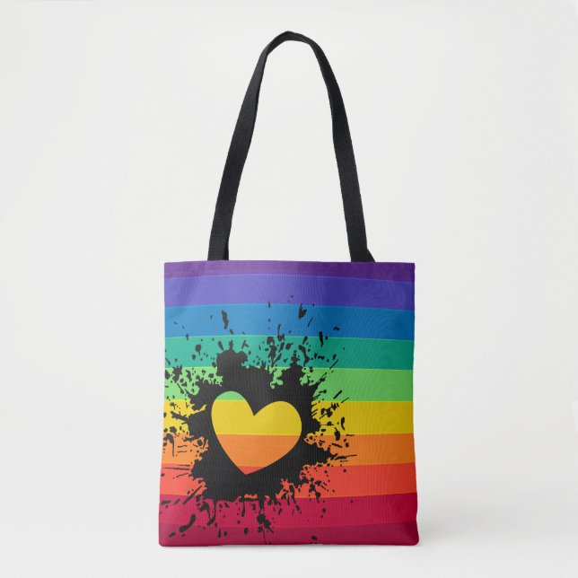 Rainbow stripes heart splatter LGBT Tote Bag (Front)