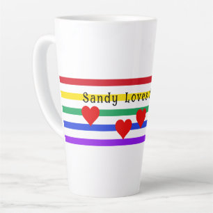 Rainbow Stripes Hearts First Names Customised Latt Latte Mug