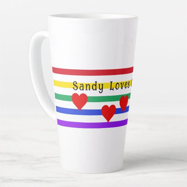 Rainbow Stripes Hearts First Names Customised Latt Latte Mug (Left Angle)