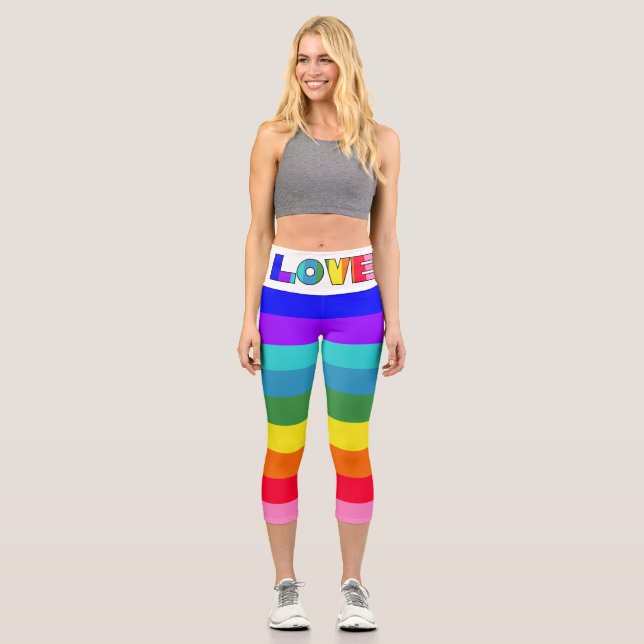 Rainbow Stripes Love   Capri Leggings (Front)