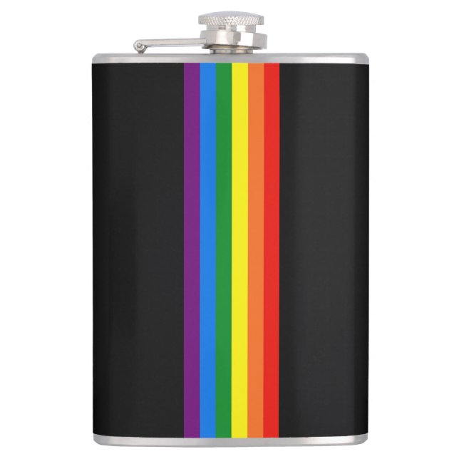Rainbow Stripes on Black Gay Pride LGBT Support Hip Flask (Front)
