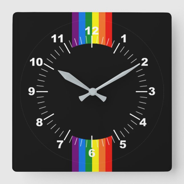 Rainbow Stripes on Black Gay Pride LGBT Support Square Wall Clock (Front)