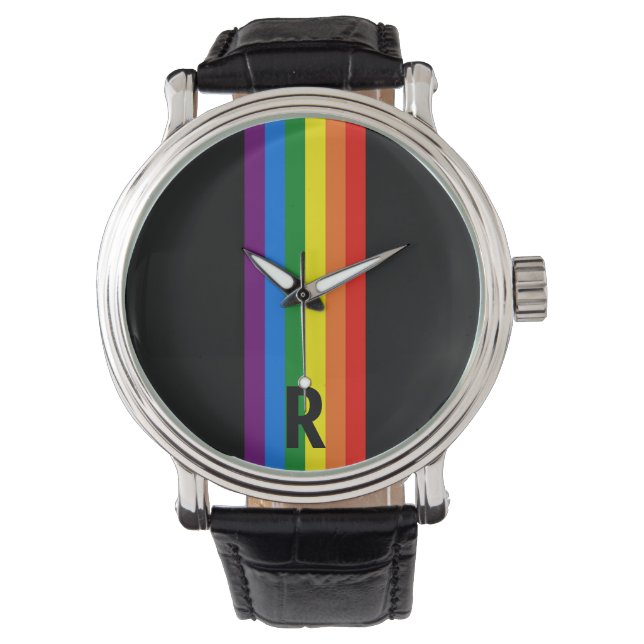 Rainbow Stripes on Black Gay Pride Personalised Watch (Front)