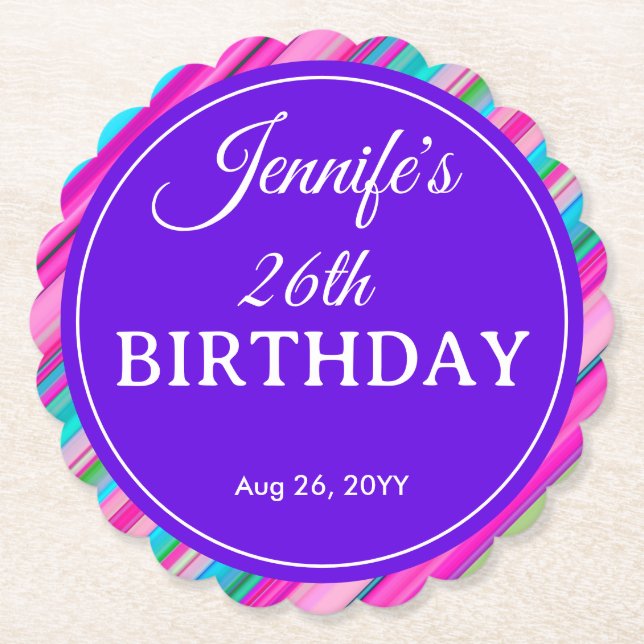 Rainbow Stripes Pattern Birthday Custom Template Paper Coaster (Front)