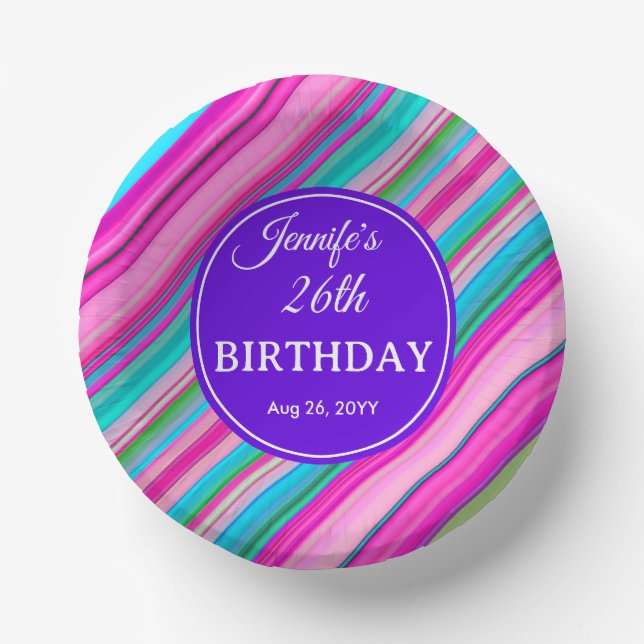 Rainbow Stripes Pattern Birthday Custom Template Paper Plate (Front)