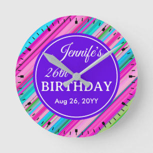 Rainbow Stripes Pattern Birthday Custom Template Round Clock