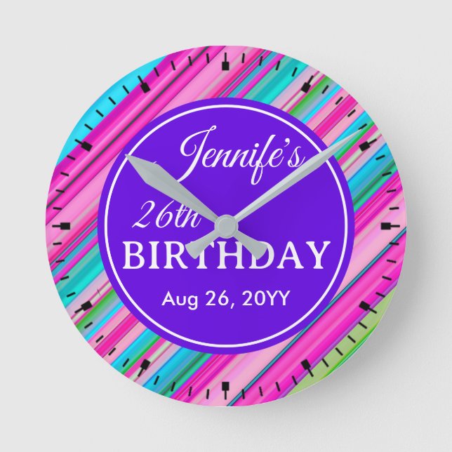 Rainbow Stripes Pattern Birthday Custom Template Round Clock (Front)
