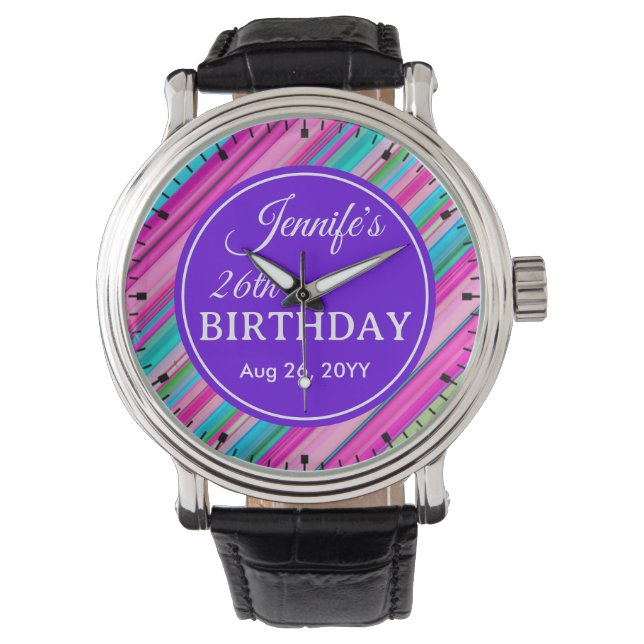 Rainbow Stripes Pattern Birthday Custom Template Watch (Front)