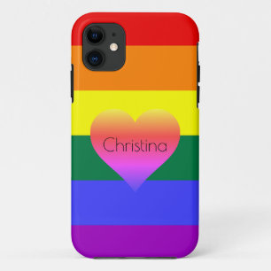 Rainbow Stripes Pride with Hearts & Custom Name iPhone 11 Case