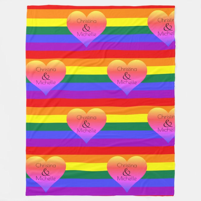 Rainbow Stripes Pride with Hearts & Custom Names Fleece Blanket (Front)