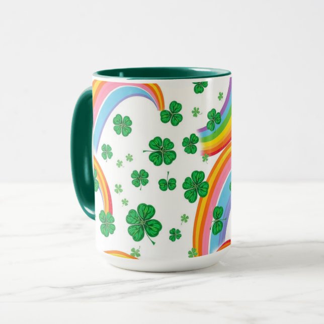 Rainbow Stripes & Shamrocks Seamless Lucky Mug (Front Left)