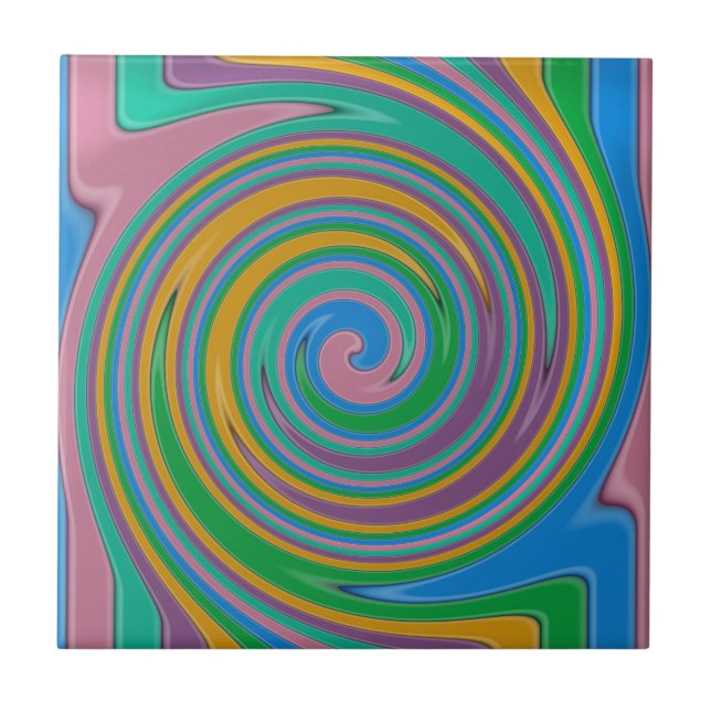 Rainbow stripes swirl ceramic tile (Front)