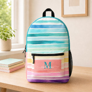 Rainbow Stripes Turquoise Monogram Name Backpack
