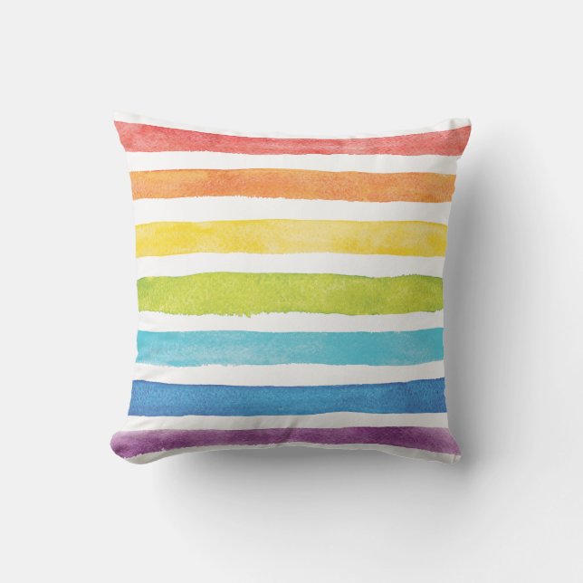 Rainbow Stripes Watercolor Bright Colourful Cushion (Front)