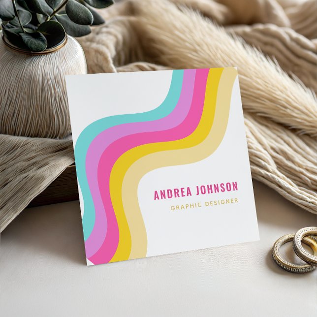 Rainbow Stripes Waves Colourful Minimalist QR Code Square Business Card (Creator Uploaded)