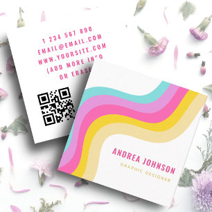 Rainbow Stripes Waves Colourful Minimalist QR Code Square Business Card