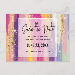 Rainbow Stripes with Faux Glitter Save the Date Invitation Postcard