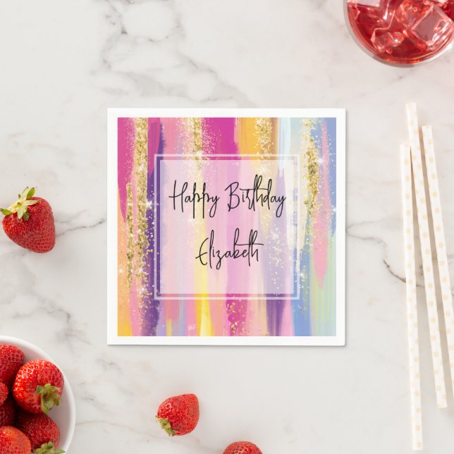 Rainbow Stripes with Faux Gold Glitter Birthday Napkin (Insitu)