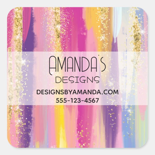 Rainbow Stripes with Faux Gold Glitter Business Square Sticker (Front)