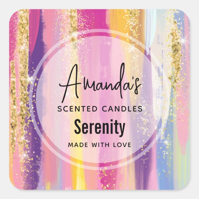 Rainbow Stripes with Faux Gold Glitter Candle Biz Square Sticker (Front)