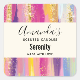Rainbow Stripes with Faux Gold Glitter Candle Biz Square Sticker