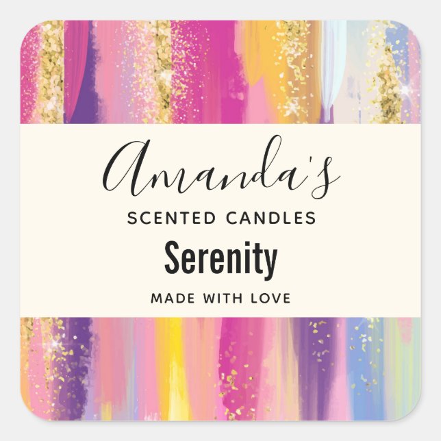 Rainbow Stripes with Faux Gold Glitter Candle Biz Square Sticker (Front)