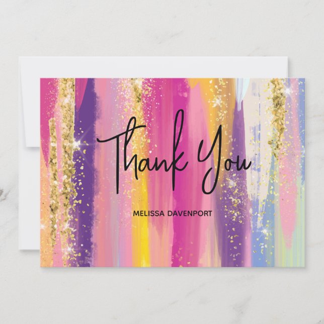 Rainbow Stripes with Faux Gold Glitter Thank You (Front)