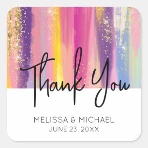 Rainbow Stripes with Faux Gold Glitter Wedding Square Sticker