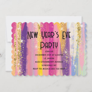 Rainbow Stripes with Gold Glitter New Years Eve Invitation