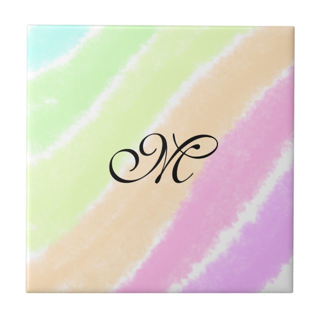 Rainbow stripeswatercolor lines add your monogram  ceramic tile (Front)