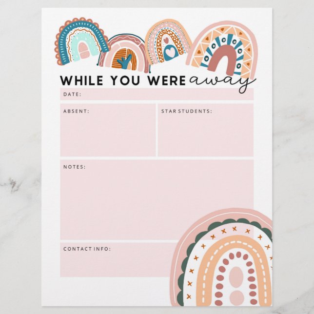 Rainbow Substitute Teacher While You Were Away Custom Letterhead (Front)