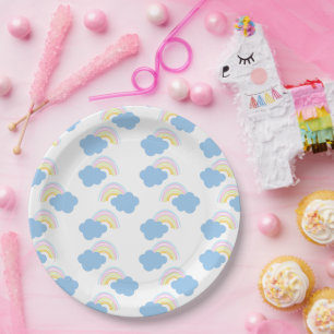 Rainbow Summer Clouds Pastel Scribble Doodle Paper Plate