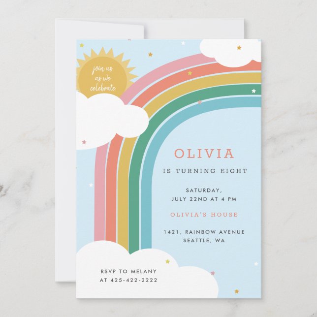 Rainbow, Sun and Clouds Kid's birthday Bright Blue Invitation (Front)