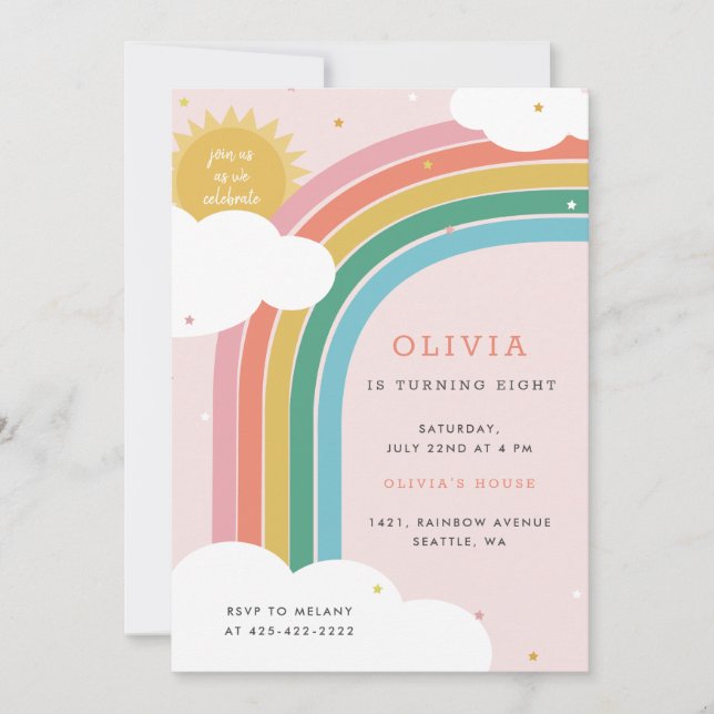 Rainbow, Sun and Clouds Kid's birthday Bright Pink Invitation (Front)