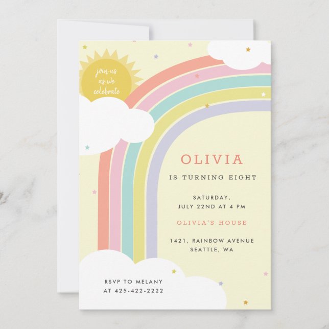 Rainbow, Sun and Clouds Kid's birthday Yellow Invitation (Front)