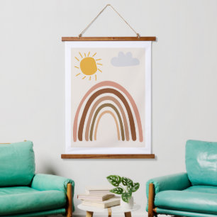 Rainbow Sun Cloud, Kids Drawing, Boho Abstract Art Hanging Tapestry