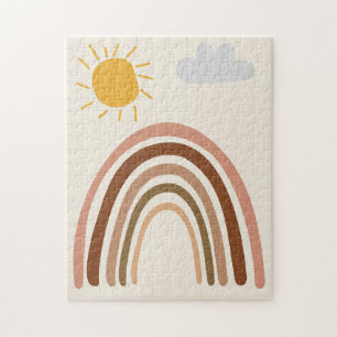 Rainbow Sun Cloud, Kids Drawing, Boho Abstract Art Jigsaw Puzzle