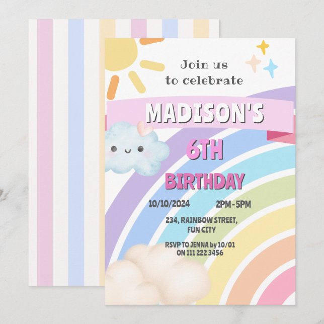 Rainbow Sun Cloud Kids Girl Cute Kawaii Birthday Invitation (Front/Back)
