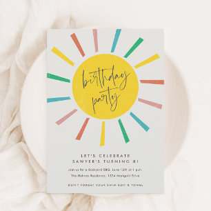 Rainbow Sun Script Kids Birthday Party Invitation