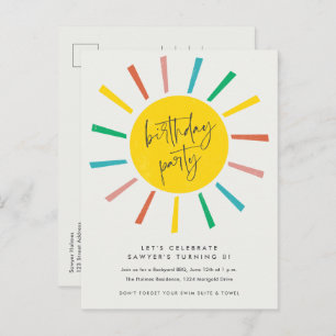 Rainbow Sun Script Kids Birthday Party Invitation Postcard