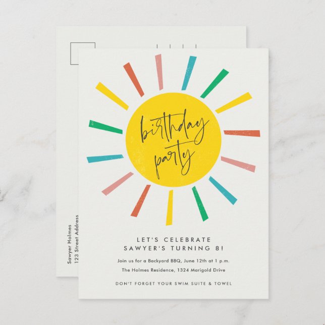 Rainbow Sun Script Kids Birthday Party Invitation Postcard (Front/Back)
