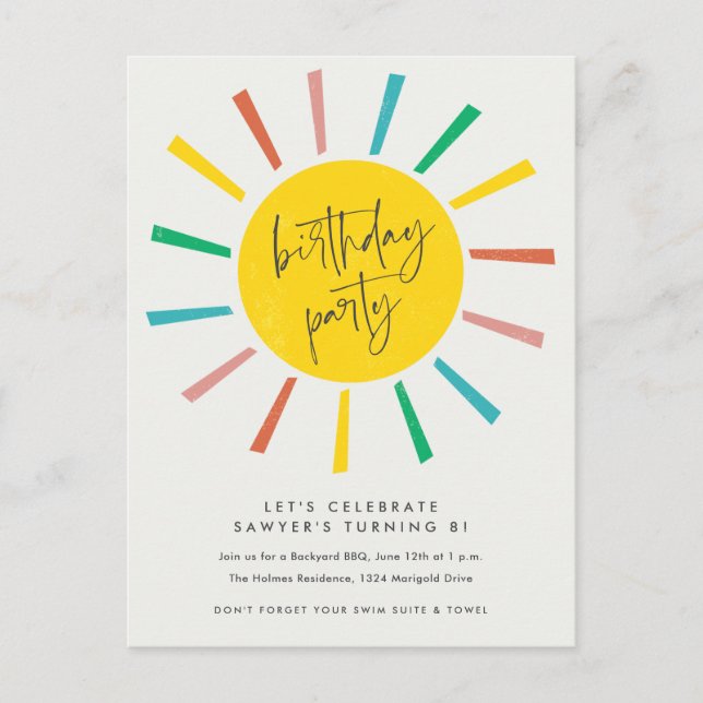 Rainbow Sun Script Kids Birthday Party Invitation Postcard (Front)