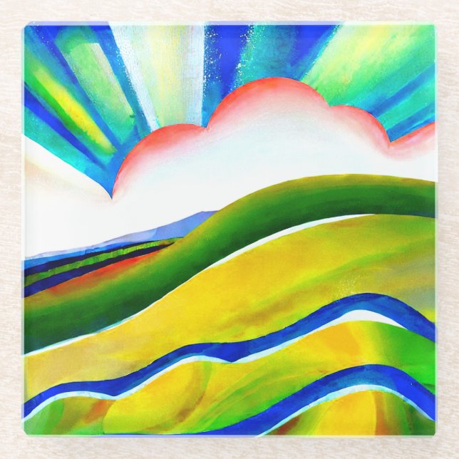 Rainbow Sunburst Landscape Glass Coaster (Front)
