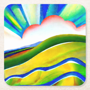 Rainbow Sunburst Landscape Square Paper Coaster