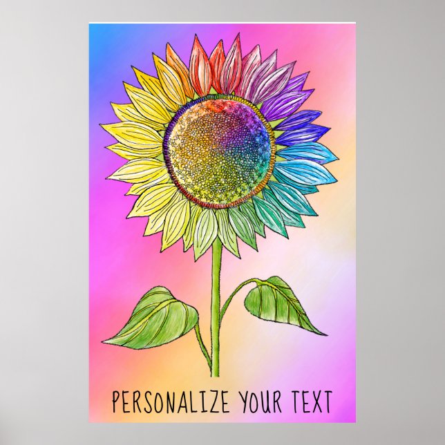 Rainbow Sunflower Art Colourful Summer Floral Prid Poster (Front)